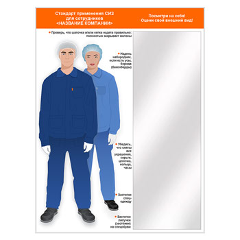 Стенд для демонстрации применения СИЗ с зеркалом, 1500х2000 мм в серебряном багете (СПС-04.2-С)